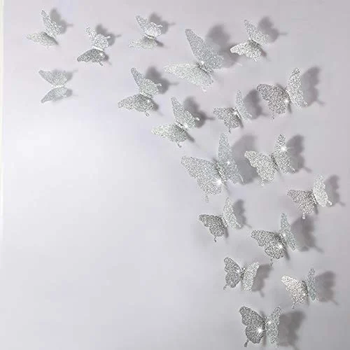 48 Pieces Butterfly Wall Decor DIY 3D Mirror Butterfly, glitter silver, product photo