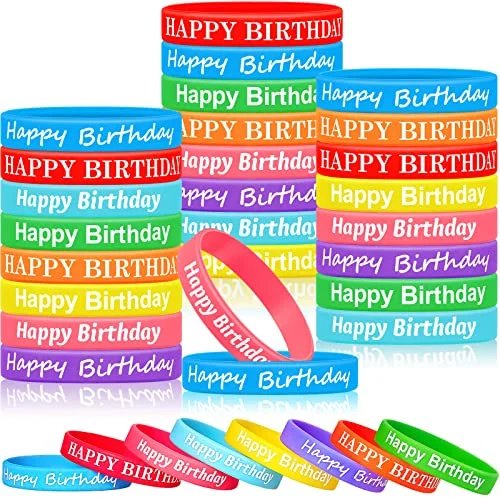 48 Pieces Happy Birthday Rubber Bracelets Silicone Stretch Wristbands, multiple colors, product photo