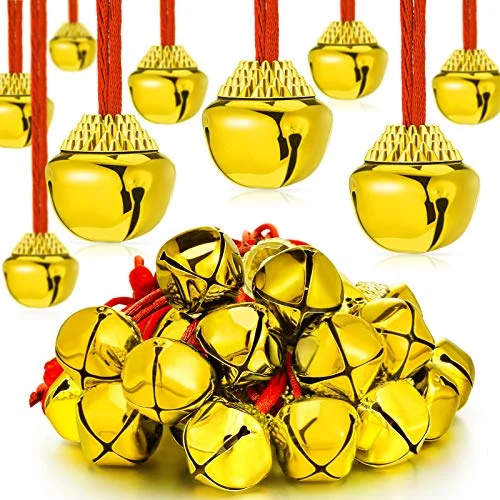 50 Pieces Bell Necklaces Holiday Party, red cord, gold bell, product photo