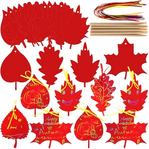 50 Pieces Scratch Fall Leaves Colorful Scratch Leaves Paper, red, product photo