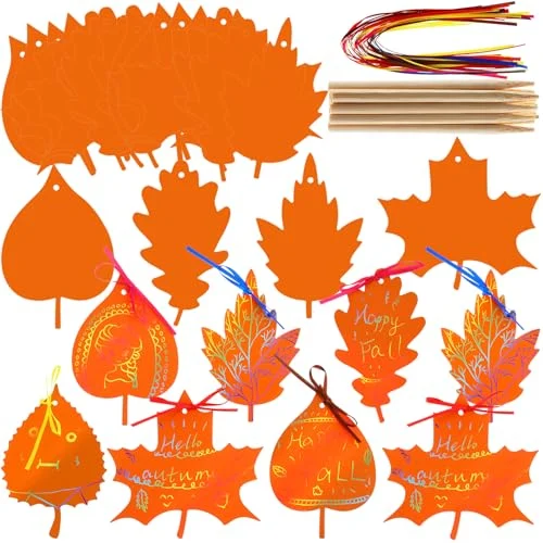 50 Pieces Scratch Fall Leaves Colorful Scratch Leaves Paper, yellow, product photo