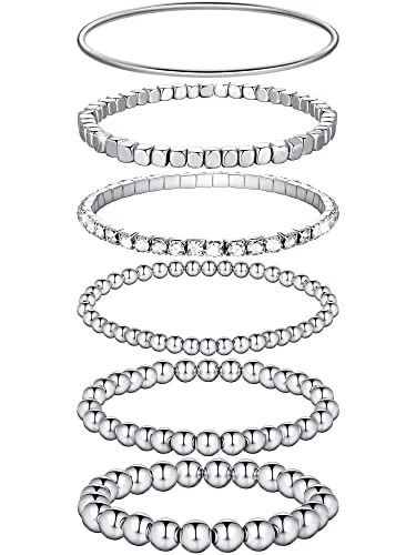 6 Pcs Beaded Bracelets Stackable Elastic Bead Ball Sets, silver, product photo