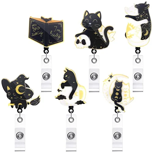 6 Pcs Black Cat Badge Reel Lovely Acrylic Retractable, black cat style, product photo