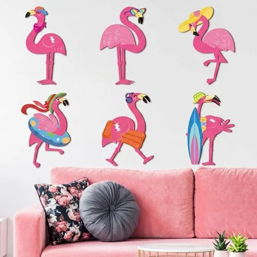 6 Pcs Pink Flamingo Wall Decor Summer Flamingo Wooden, flamingo, product photo