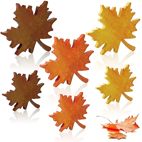 6 Pcs Thanksgiving Fall Wooden Leaves Decor Autumn Wooden, brown, product photo