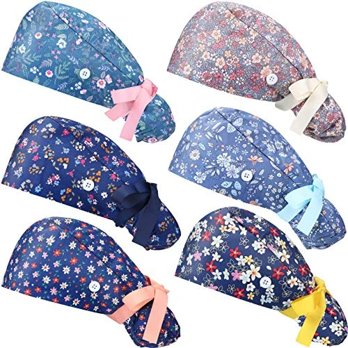 6 Pieces Scrub Caps with Button, multi-color, product photo