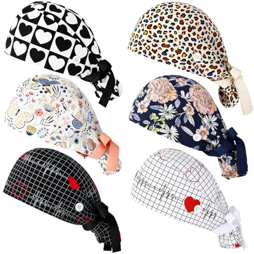 6 Pieces Scrub Caps with Button, multicolored, product photo