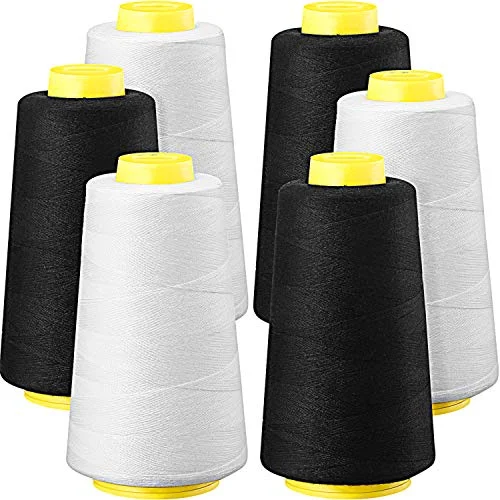 6 Rolls 3000 Yard Each Serger Thread Cones Spool, black, white, product photo