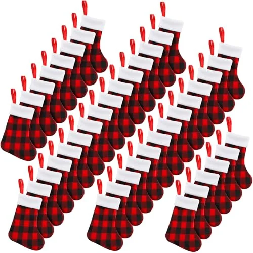 60 Pieces Christmas Mini Stockings Buffalo Plaid 7″, red and black, product photo