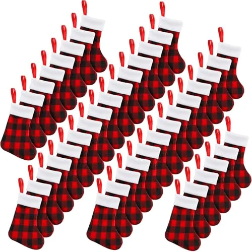 60 Pieces Christmas Mini Stockings Buffalo Plaid 7″, red and black, product photo
