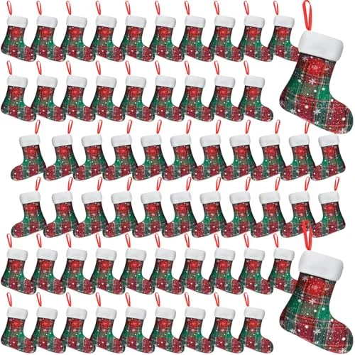 60 Pieces Christmas Mini Stockings Buffalo Plaid 7″, snowflake, product photo