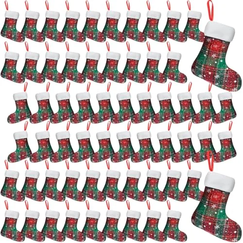 60 Pieces Christmas Mini Stockings Buffalo Plaid 7″, snowflake, product photo