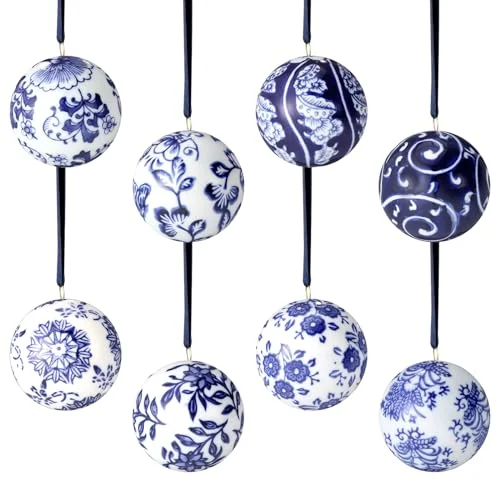 8 Pcs Christmas Chinoiserie Porcelain Ball Ornaments 2.36 Inch, blue, product photo