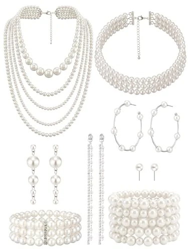 8 Pcs Pearl Necklace and Earring Set Faux Pearl, white, product photo