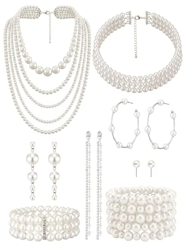 8 Pcs Pearl Necklace and Earring Set Faux Pearl, white, product photo
