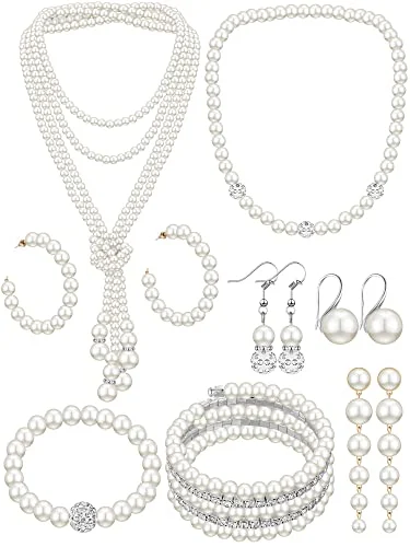 8 Pcs Pearl Necklace Earring Set Women Wedding Jewelry, white, product photo