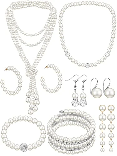 8 Pcs Pearl Necklace Earring Set Women Wedding Jewelry, white, product photo