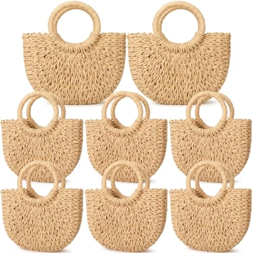 8 Pcs Semi Circle Straw Bag, khaki, product photo