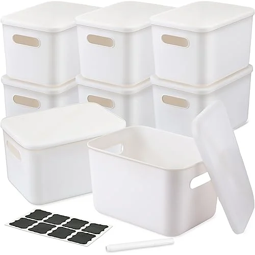 8 Pcs White Plastic Storage Bins with Lids Organizing, white, product photo