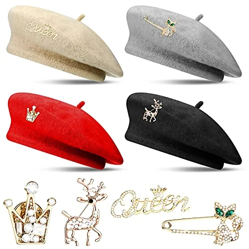 8 Pcs Wool Beret Hats Crystal Brooch Sets French, cute color, product photo