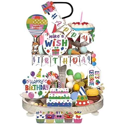 9 Pcs Birthday Tiered Tray Decor Farmhouse Tiered Tray, multicolor, product photo