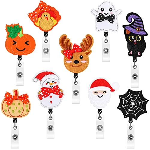 9 Pcs Holiday Felt Badge Reels Retractable Badge Holder, as shown in the picture, product photo