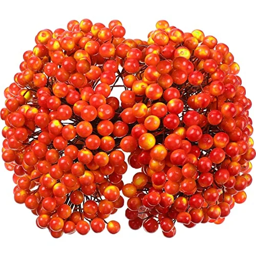 Artificial Holly Berries on Wire Stems, yellow, red, product photo
