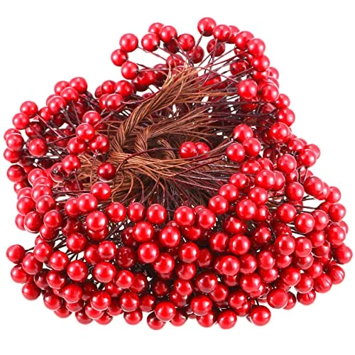 Artificial Holly Berries on Wire Stems, red, product photo