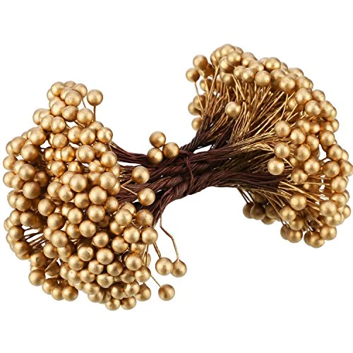 Artificial Holly Berries on Wire Stems, gold, product photo