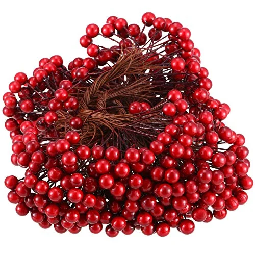 Artificial Holly Berries on Wire Stems, dark red, product photo