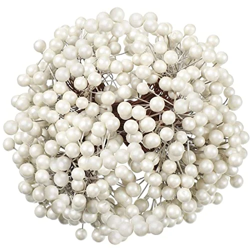 Artificial Holly Berries on Wire Stems, white, product photo