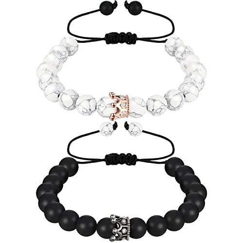 Couples Bracelets Long Distance Matching Bracelets 8mm Howlite Beads, black, product photo