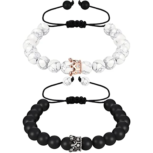 Couples Bracelets Long Distance Matching Bracelets 8mm Howlite Beads, black, product photo