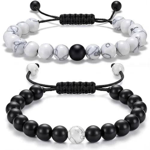 Couples Bracelets Long Distance Matching Bracelets 8mm Howlite Beads, black,white, product photo
