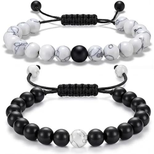 Couples Bracelets Long Distance Matching Bracelets 8mm Howlite Beads, black,white, product photo