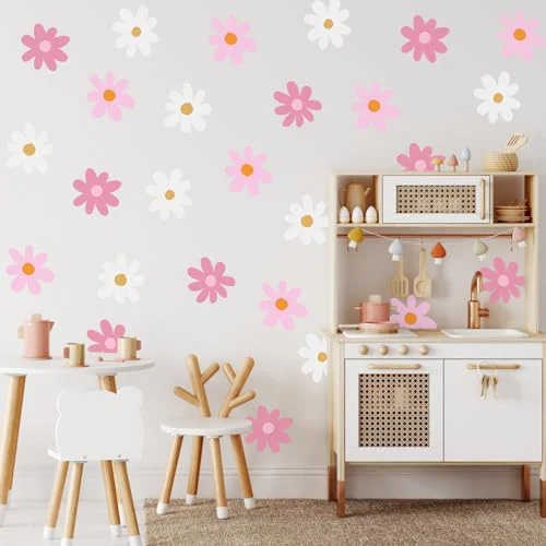 Daisy Wall Decal Flower Vinyl Wall Floral Decals Peel, pink, white, product photo