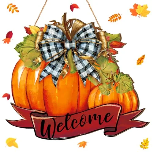 Fall Pumpkin Welcome Sign Door Decor Hello Fall Wood, orange, product photo