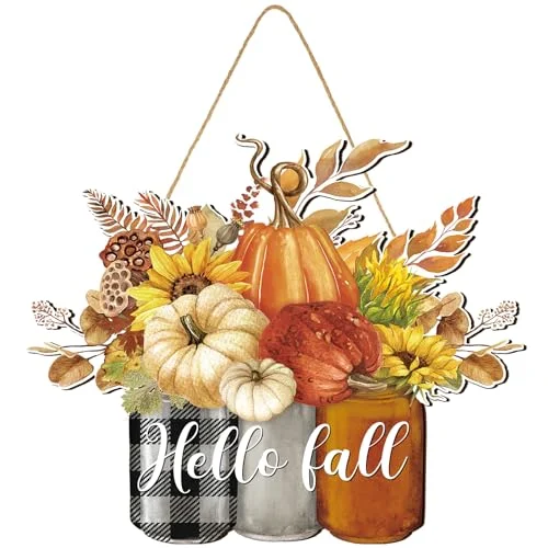 Hello Fall Thanksgiving Decoration Door Sign Thanksgiving Wooden Hanging, elegant style, product photo