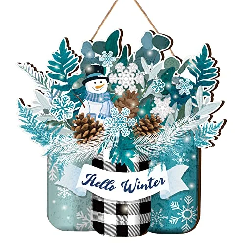Hello Winter Door Sign Christmas Snowman Blue White Front, snowman style, product photo