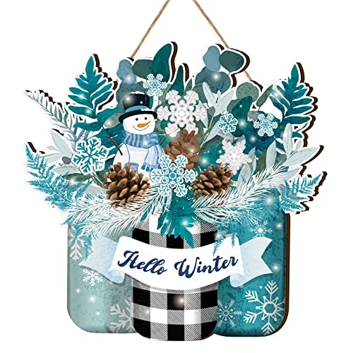 Hello Winter Door Sign Christmas Snowman Blue White Front, snowman style, product photo