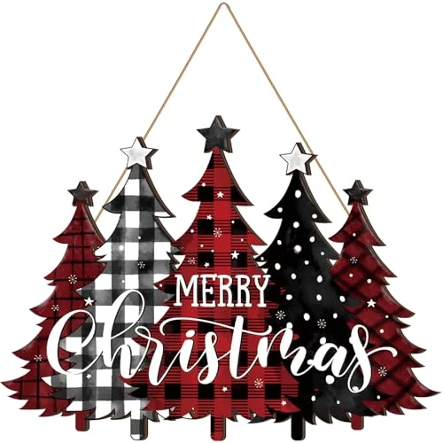 Merry Christmas Door Sign Buffalo Plaid Tree Sign Wood, red and green, product photo