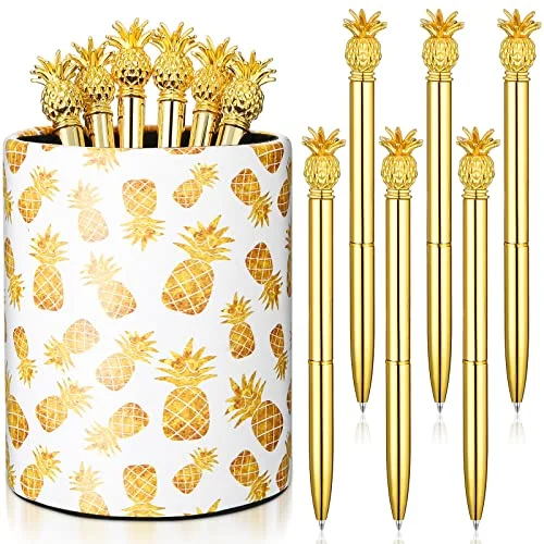 Pineapple Gifts Pen Holder with 6 Pcs Pineapple Shaped, gold, product photo