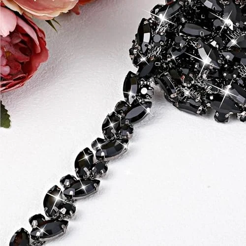 Rhinestone Chain Trim Applique Embellishment Crystal Wedding Bridal Costume, black, product photo