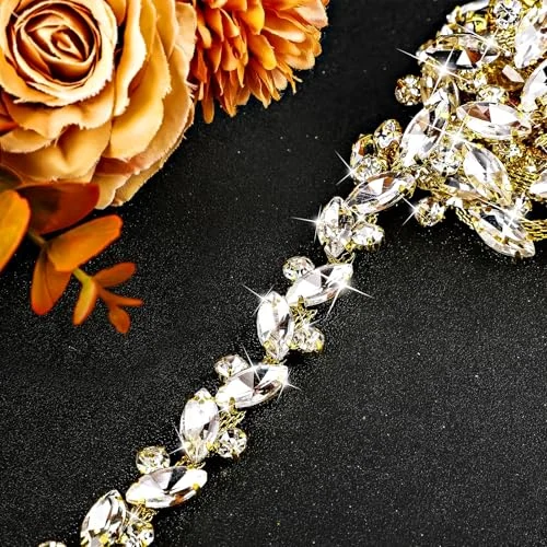 Rhinestone Chain Trim Applique Embellishment Crystal Wedding Bridal Costume, gold silver, product photo