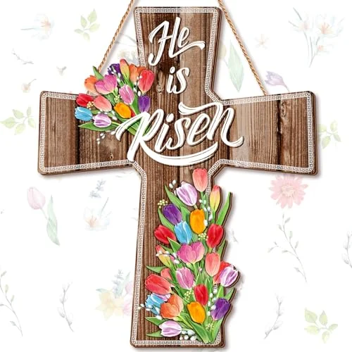 Spring Door Sign He Is Risen Hanging Decor Religious, wood color, product photo