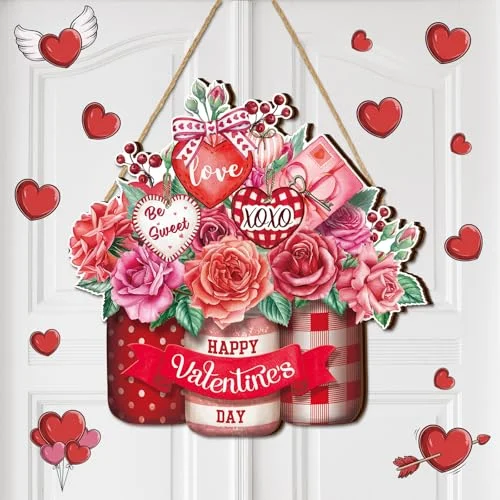 Valentine's Day Wooden Hanging Welcome Sign Romantic Rose Door, heart style, product photo