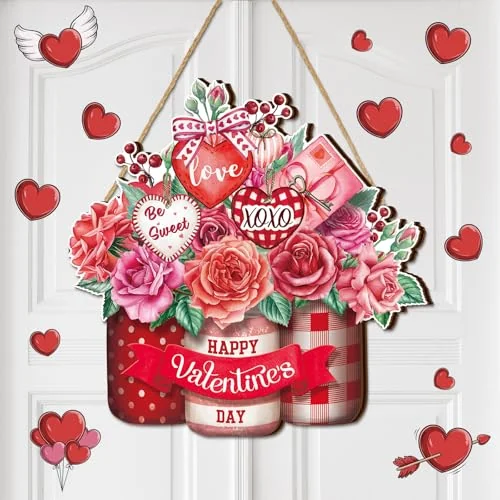 Valentine's Day Wooden Hanging Welcome Sign Romantic Rose Door, heart style, product photo