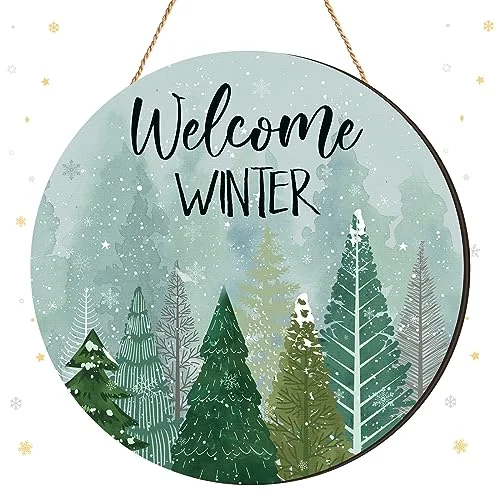 Winter Welcome Door Sign Snowflake Wreath Wood Winter Decoration, green, product photo